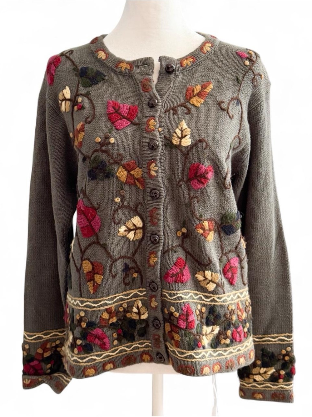 Dressbarn Vintage Fall Leaf Embroidered Cardigan Small Brown